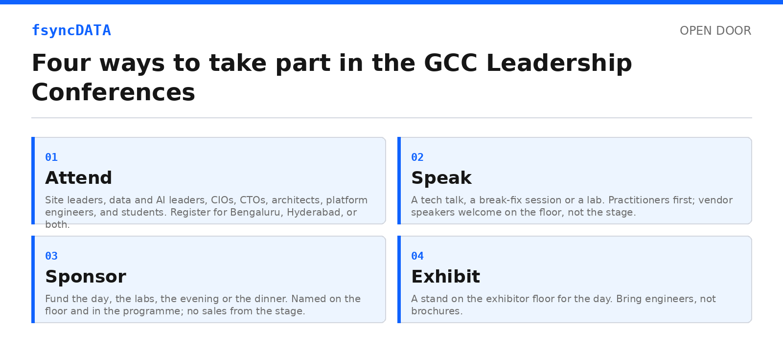Four ways to take part in the GCC leadership conferences: attend, speak, sponsor, exhibit